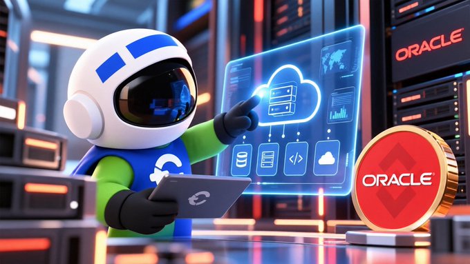 An astronaut-like AI mascot holds a tablet displaying cloud and database icons next to a glowing red coin labeled "ORACLE," with "ORACLE" branding visible on server racks in the background. The image visually reinforces the post's message about Oracle ($ORCL) as a key player in AI and cloud computing infrastructure, alongside its tokenized version $ORCLB.
