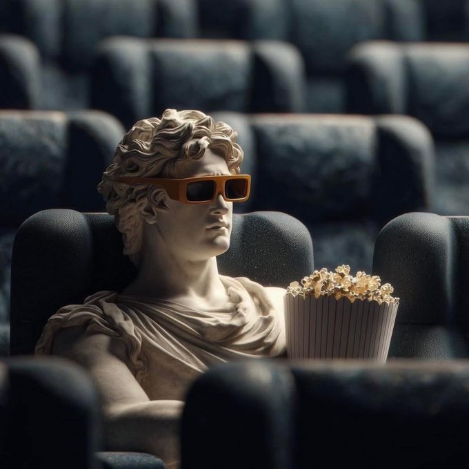 A classical marble statue wearing orange 3D glasses, sitting in a movie theater seat while holding a bucket of popcorn.