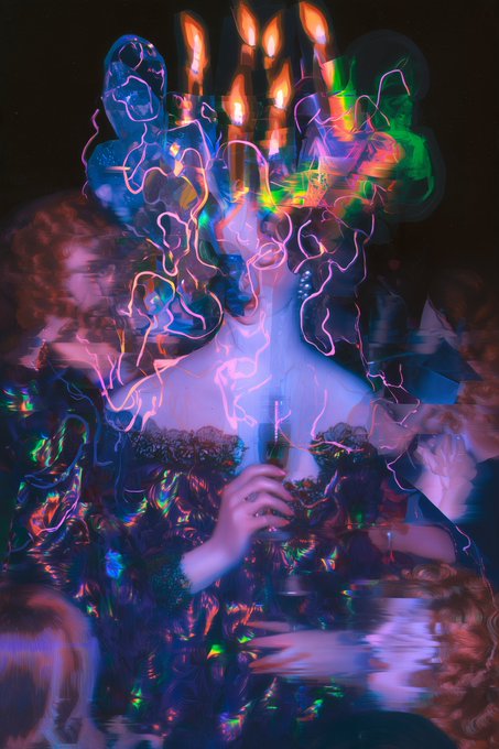 A surreal, abstract digital artwork of a woman in a corset dress holding a champagne glass, heavily distorted with glowing neon lines, colorful light trails, and a chandelier with lit candles.