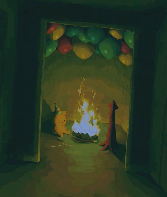 The image features a cartoon scene with a teddy bear sitting next to a fire, surrounded by balloons. The teddy bear has a birthday hat on its head, indicating that it's celebrating its birthday. There are also two other balloons present in the scene - one is green and another is red. The room appears to be dark, which adds to the festive atmosphere of the image.