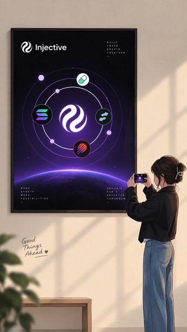 A woman stands in a sunlit room taking a photo with her phone of a framed "Injective" poster on the wall, which features a cosmic design with the Injective logo at the center surrounded by interconnected circular icons representing partner platforms—visually reflecting the post's announcement of $INJ's new integration with Pump.fun, LaunchOnSF, and MeteoraAG as pairing assets for new tokens and markets.