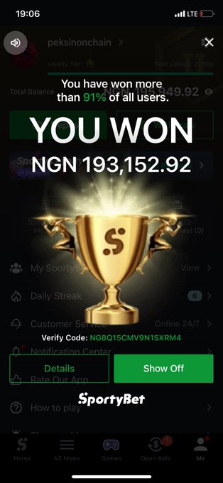 A mobile screenshot from the SportyBet app showing a winning notification with a golden trophy, stating 'YOU WON NGN 193,152.92' and 'You have won more than 91% of all users,' with a verify code 'NG8Q15CMV9N1SXRM4' and a 'Show Off' button.