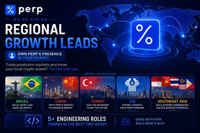 A recruitment advertisement for 'perp' seeking 'Regional Growth Leads' across locations including Brazil, China, Turkey, CIS, and Southeast Asia, mentioning 5+ engineering roles coming soon.