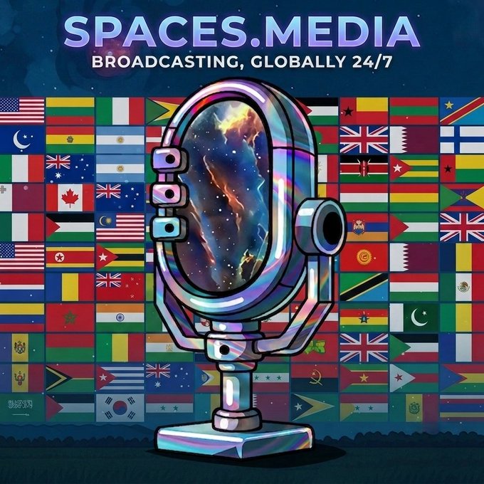 A digital illustration of a cosmic-themed microphone surrounded by a grid of various international flags, with the text 'SPACES.MEDIA BROADCASTING, GLOBALLY 24/7' at the top.