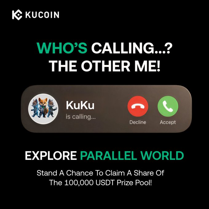 A KuCoin promotional graphic asking 'WHO'S CALLING...? THE OTHER ME!' with an incoming call interface from 'KuKu' and text to 'EXPLORE PARALLEL WORLD' for a chance to claim a share of a 100,000 USDT prize pool.