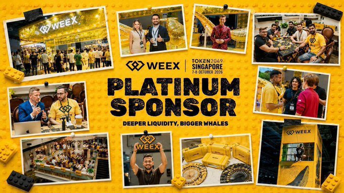 A promotional collage for "WEEX" displays "PLATINUM SPONSOR" and "TOKEN2049 SINGAPORE 1-8 OCTOBER 2026" with the tagline "DEEPER LIQUIDITY, BIGGER WHALES," surrounded by various photos from the event.