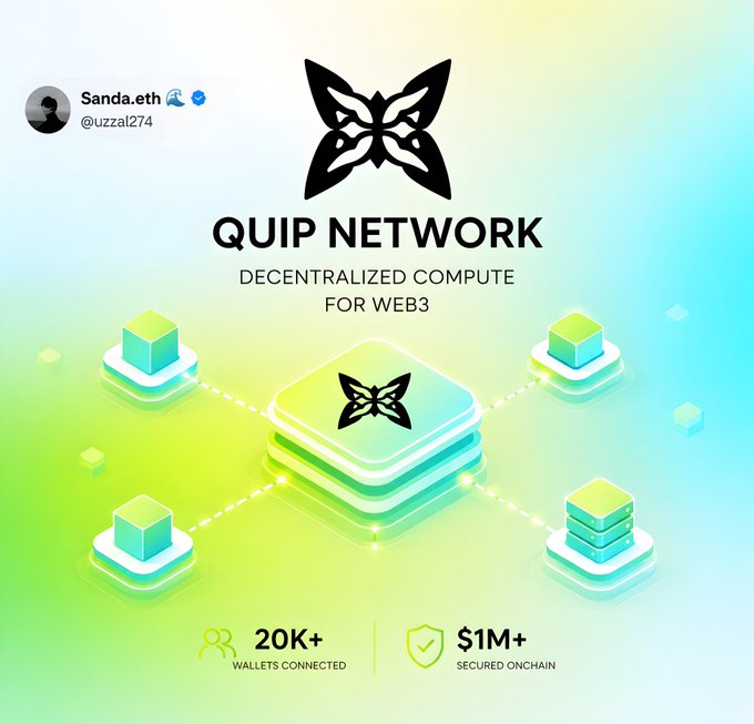 The image features a poster with a butterfly graphic at the top that says "Quip Network" followed by "decentralized computing for web3". Below this, there are four green cubes stacked on top of each other, with one cube labeled "20k+", another "1m+", and two more "2m+". The poster also includes a Twitter account named @quipnetwork that has been tagged with the number "@quipnetwork" in the comments section.