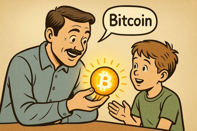 The image features a man holding up a small, shiny gold coin with a smile on his face while talking to a young boy sitting next to him. The caption below the image reads "Happy Father'S Day Bitcoin believers!". This suggests that the man is likely celebrating Father's Day and sharing his enthusiasm for Bitcoin with the child in front of him.