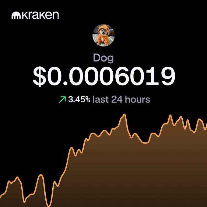 A Kraken cryptocurrency tracking screenshot displays the DOG token at a current price of $0.0006019, showing a 3.45% increase over the last 24 hours. This image relates to a $DOG price prediction post highlighting the massive potential gains needed for DOG to reach $1, requiring the price to rise from its current low fraction of a cent to transform early investors into millionaires.