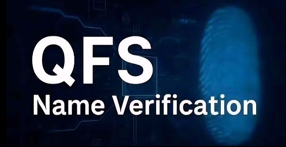 Title card displaying 'QFS Name Verification' in white text against a dark blue background with circuit board and fingerprint graphics.