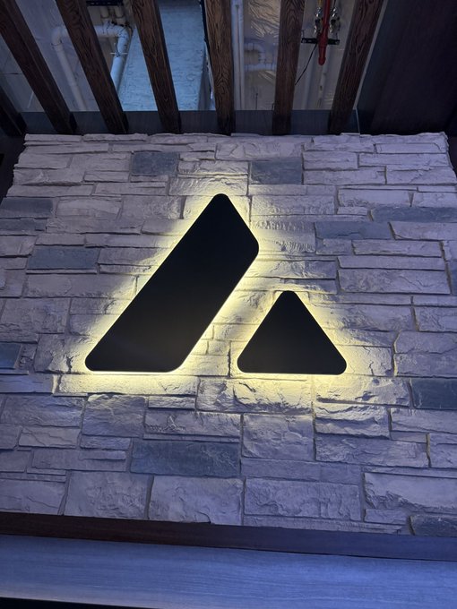 An illuminated Avalanche (AVAX) logo sign mounted on a stacked stone wall, displayed during the AVAX Summit Day 1 event. The backlit emblem showcases the brand's signature triangular design against the textured stone backdrop.