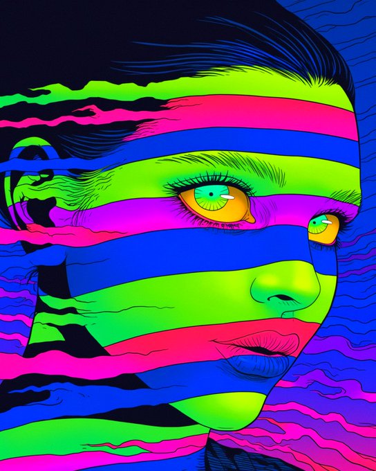 A vibrant pop-art style illustration of a woman's face, rendered in bright neon pink, green, blue, and yellow horizontal stripes with a single tear.