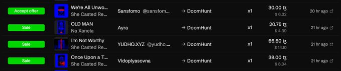 A screenshot of an objkt.com sales history showing four NFT sales to collector "DoomHunt," including "We're All Unworthy" for 30.00 tz, "OLD MAN" for 20.75 tz, "I'm Not Worthy" for 66.60 tz, and "Once Upon a T..." for 38.00 tz, totaling over 155 tez from collectors like Sansfomo, Ayra, YUDHO.XYZ, and Vidoplyasovna, which supports the artist's claim of selling more than 160 tez worth of artworks.