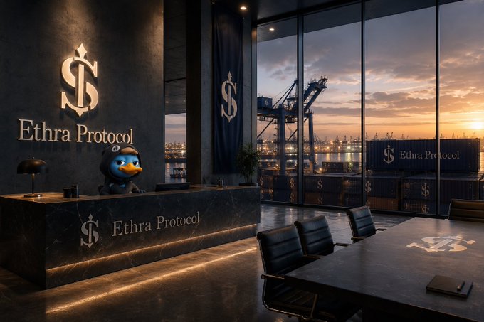 Dark, luxurious office reception area branded 'Ethra Protocol' with gold lettering on the walls and desk, featuring a mascot character at the reception and shipping containers with the brand visible through large windows overlooking a port.