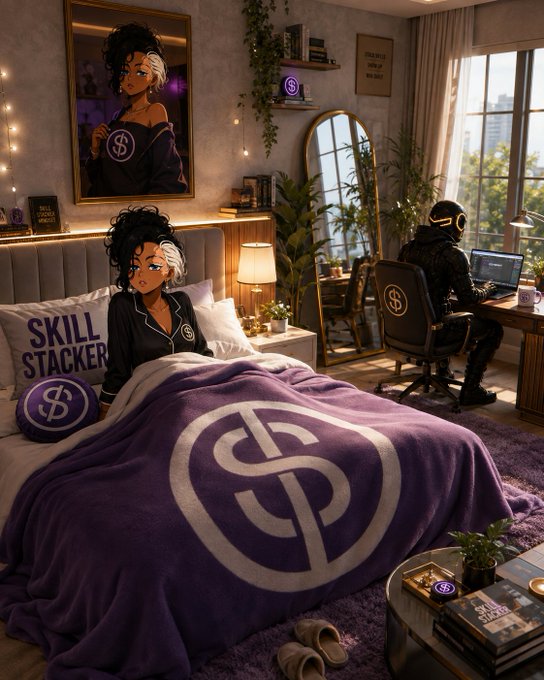 The image shows a stylish bedroom featuring a person with split black-and-white hair sitting in bed under a purple blanket emblazoned with a large "$S" dollar-sign logo, while a hooded figure works on a laptop at a desk nearby; the room is decorated with "$" branded pillows, a matching portrait on the wall, and books labeled "SKILL STACKER" on the coffee table—visually reinforcing the post's message that skills compound like currency, tying the "$stkr" ticker to the "Skill Stacker" branding.