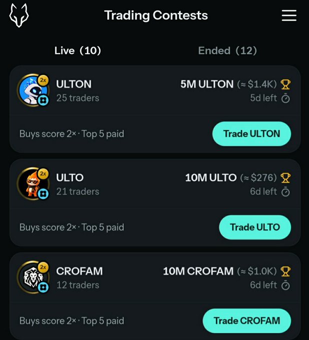 A mobile app screenshot titled 'Trading Contests' displays live cryptocurrency contests including 'ULTON', 'ULTO', and 'CROFAM' with trader counts, remaining times, and 'Trade' buttons.