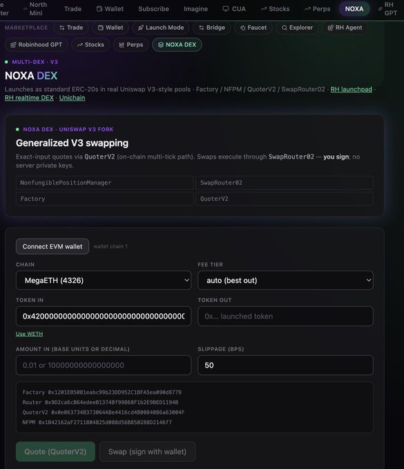 Screenshot of the NOXA DEX marketplace trading interface, displaying the same Generalized V3 swapping form with options for WETH input token and 50 bps slippage tolerance.