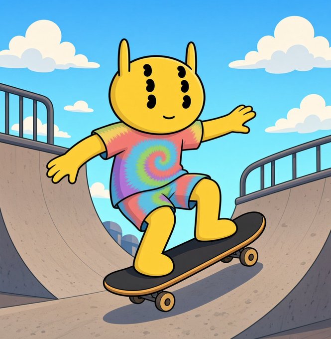 A cartoon-style illustration of a yellow character with horn-like ears, wearing a tie-dye shirt and shorts, riding a skateboard inside a concrete skate ramp under a blue sky with clouds.