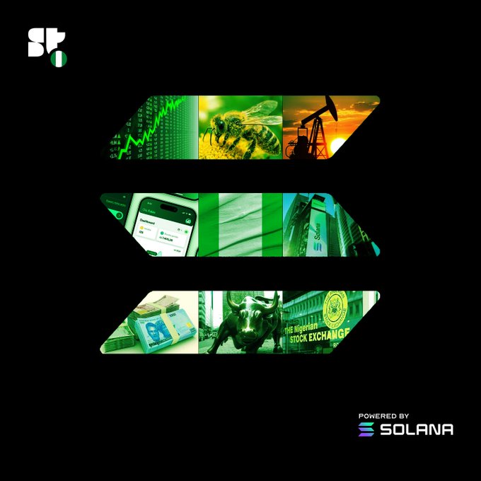A dark promotional graphic features the "SFO" logo in the top left and "POWERED BY SOLANA" at the bottom right, with three horizontal arrow-shaped panels showcasing imagery related to finance and commodities. The panels contain a stock chart with an upward green trend, a bee on a flower, an oil pumpjack, a mobile app interface, stacks of Nigerian Naira currency, and the "Nigerian Stock Exchange" sign featuring its iconic bull statue. The visual ties into the post's announcement of a market education campaign leading up to a major Nigerian IPO, highlighting the intersection of traditional capital markets with Solana-powered platforms.