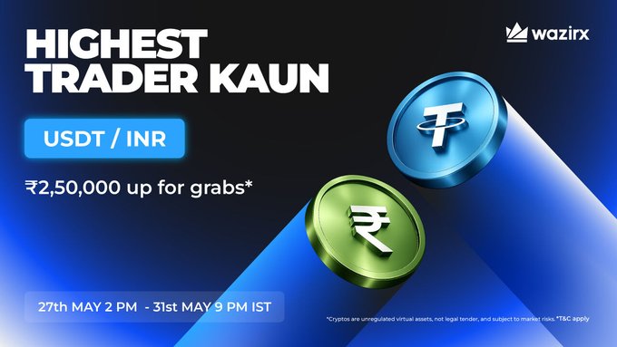 The image features a poster advertising a trading contest for cryptocurrency, specifically Bitcoin. The poster has two coins displayed - one green and one blue - with the text "Highest Trader Kaun" above them. Below this, there are details about the contest, including that it is scheduled to take place from 27th May to 31st May at 9 PM to 2 AM (9 am to 10 pm). The prize for winning the contest is $USDT / INR, which amounts to approximately £2,500. Additionally, there's a code provided in the image: "usdt/INR".