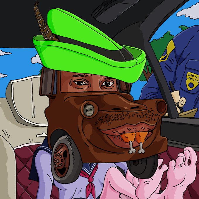 A cartoon character wearing a green hat with a feather and holding a piece of meat is visible, with a "HIGHWAY POLICE" badge on a figure in the background. The surreal, meme-style artwork references an OpenSea NFT collection, fitting the "goofyz" theme with its absurd, exaggerated imagery.