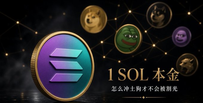 A promotional graphic featuring a large purple and teal Solana coin in the foreground, with various meme coins including Doge and Pepe in the background, alongside Chinese text reading '1 SOL 本金' and '怎么冲土狗才不会被割光'.