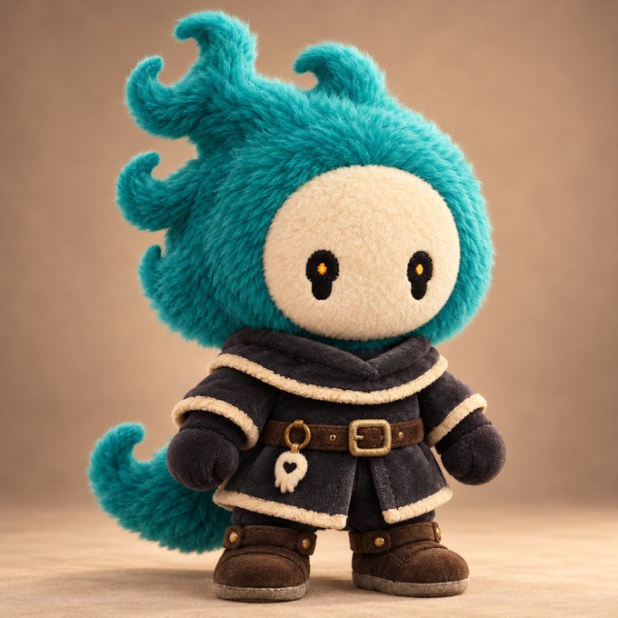A plush toy of a character with fluffy teal hair, a pale round face with glowing yellow eyes, dressed in a dark blue tunic with cream trim, brown boots, and a skull belt buckle.