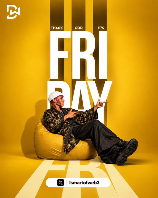 A yellow-themed poster with 'THANK GOD IT'S FRIDAY' in large letters, featuring a person sitting on a yellow beanbag chair pointing at the text, with the handle 'Ismartofweb3'.