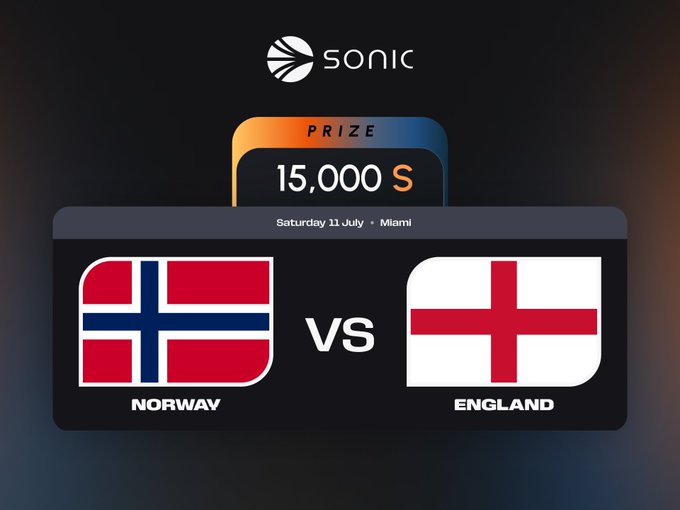 A promotional graphic for a sports match between Norway and England on Saturday 11 July in Miami, with a prize pool of 15,000 S tokens, branded with the Sonic logo.