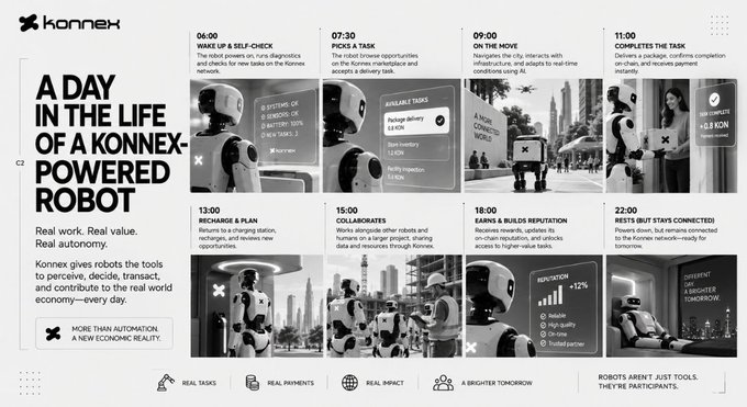 An infographic titled "A DAY IN THE LIFE OF A KONNEX-POWERED ROBOT" displaying a chronological schedule from 06:00 to 22:00 featuring a white humanoid robot engaging in tasks like analysis, collaboration, and rest.