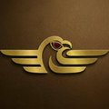 A golden logo featuring a stylized bird with outstretched wings and a red star emblem on a dark brown background.