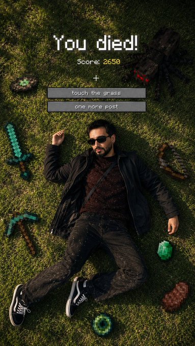 A man with sunglasses lies on grass surrounded by Minecraft pixel-art items (sword, pickaxe, emerald, spider), styled like a 'You died!' game-over screen with a score of 2658 and buttons reading 'touch the grass' and 'one more post'.
