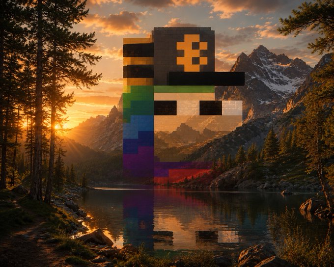 A pixel-art rendering of a Bitcoin logo overlaid on a scenic landscape featuring a mountain lake at sunset, with the logo reflecting in the water below.