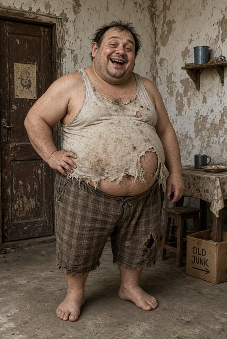 An AI-generated image of a heavyset, smiling man in tattered clothes standing barefoot in a dilapidated room with peeling walls, next to a cardboard box labeled 'OLD JUNK'.