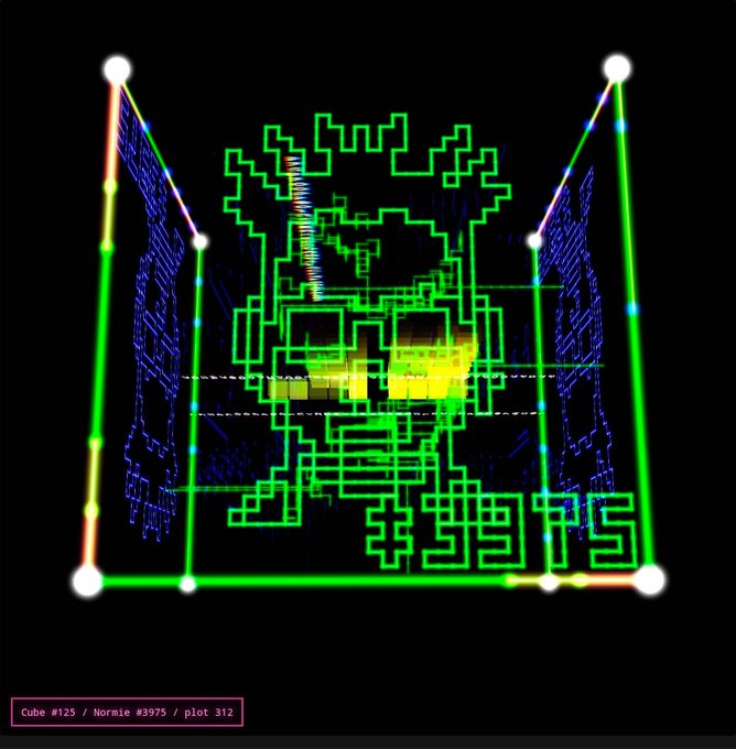 A digital rendering in green, blue, and yellow displays a complex wireframe cube structure with text at the bottom reading 'Cube #125 / Normie #3975 / plot 312'.