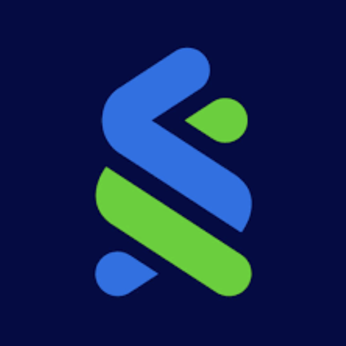 A minimalist logo design on a dark navy background featuring an abstract 'S' shape composed of blue and green rounded segments.