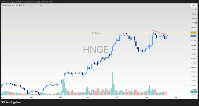 The image shows a TradingView candlestick chart of Hinge Health, Inc. (HNGE) on NYSE, displaying a strong uptrend from around $40 in March to a recent pullback near $84, with the stock testing the $91 Trigger resistance level and forming a tightening consolidation pattern. The chart visually supports the post's bullish outlook by showing the ascending price action and tightening price action that suggests a potential breakout toward the $100 target.
