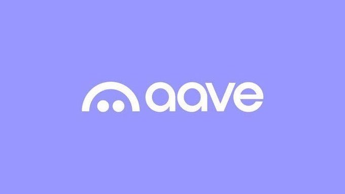 The image displays the Aave logo, featuring a stylized white ghost-like character alongside the lowercase text "aave" on a light purple background. This relates to the post by indicating that Rabby Wallet's new lending feature on Monad is powered by the Aave protocol.