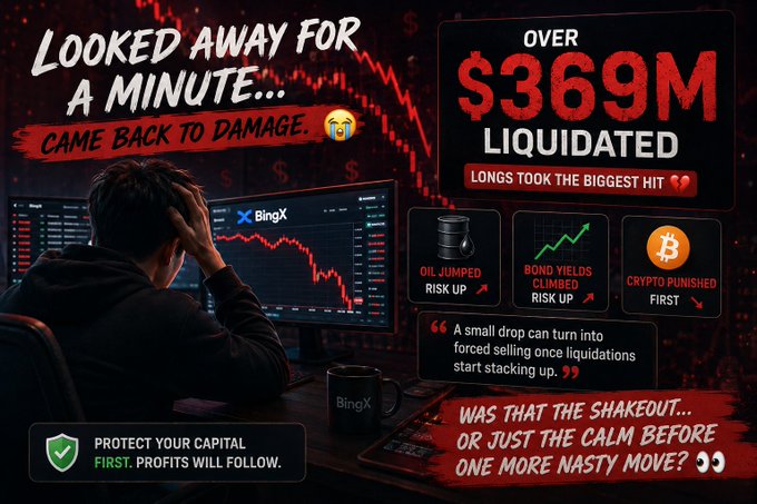 A crypto trading graphic depicting a distressed trader looking at a BingX chart, with headlines 'LOOKED AWAY FOR A MINUTE... CAME BACK TO DAMAGE' and 'OVER $369M LIQUIDATED,' noting 'LONGS TOOK THE BIGGEST HIT' with risk warnings about oil, bond yields, and Bitcoin.