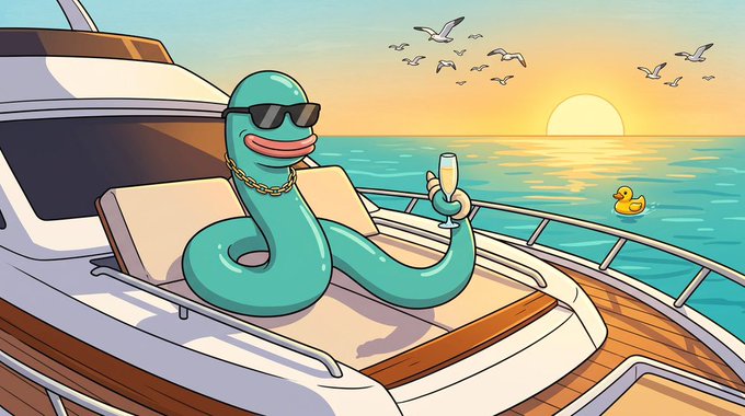 A cartoon illustration of a turquoise worm wearing sunglasses and a gold chain, relaxing on a yacht with a champagne glass at sunset.