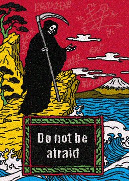 A pixel art illustration of a grim reaper on a cliff overlooking the sea with Mt. Fuji in the background, featuring a text box that reads 'Do not be afraid'.