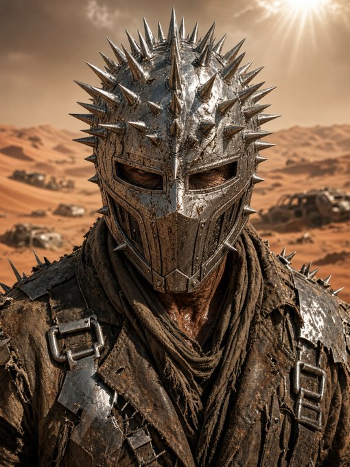 A menacing warrior wearing a rusted, spike-covered medieval helmet and worn armor stands against a desert wasteland backdrop.