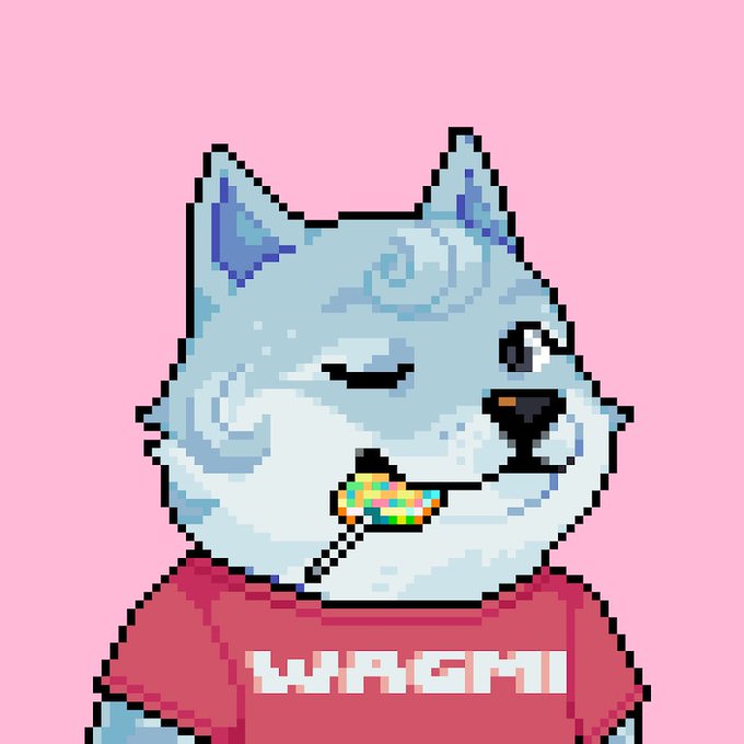 A pixel art illustration of a light blue husky-like dog character wearing a pink shirt with 'WAGMI' written on it, holding colorful candy against a pink background.