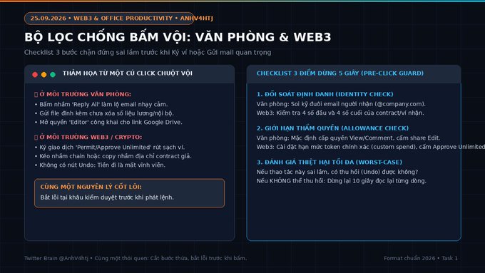 A Vietnamese presentation slide titled 'BỘ LỌC CHỐNG BẤM VỚI: VĂN PHÒNG & WEB3', outlining pre-click guard checklists for office productivity and crypto against malware and phishing.