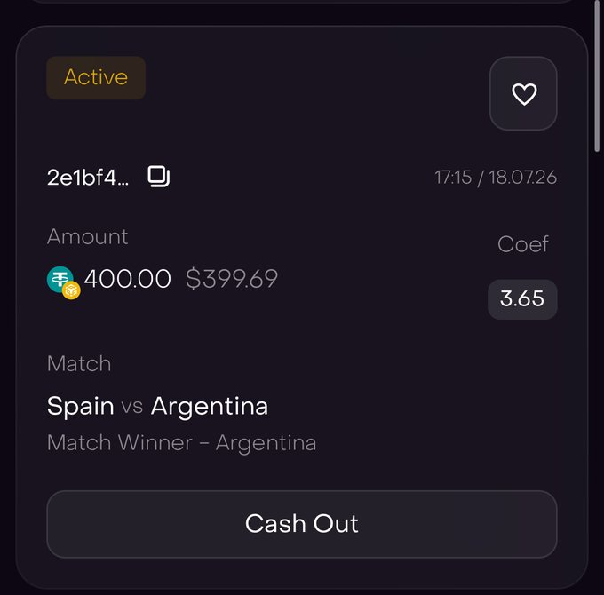 A dark-themed mobile app screen showing an active bet of 400.00 ($399.69) with coefficient 3.65 on the Spain vs Argentina match winner (Argentina).