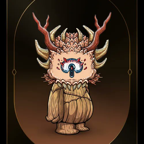 A furry creature with a large central eye, surrounded by spikes and antlers, wrapped in a beige cloth, sits inside an arched doorway frame.