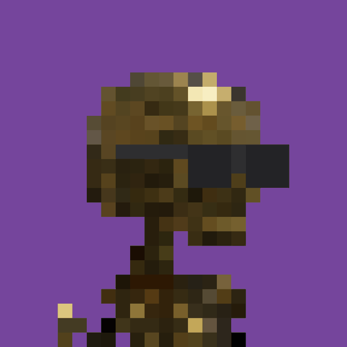 A heavily pixelated image shows a figure with brown hair wearing dark sunglasses against a solid purple background.