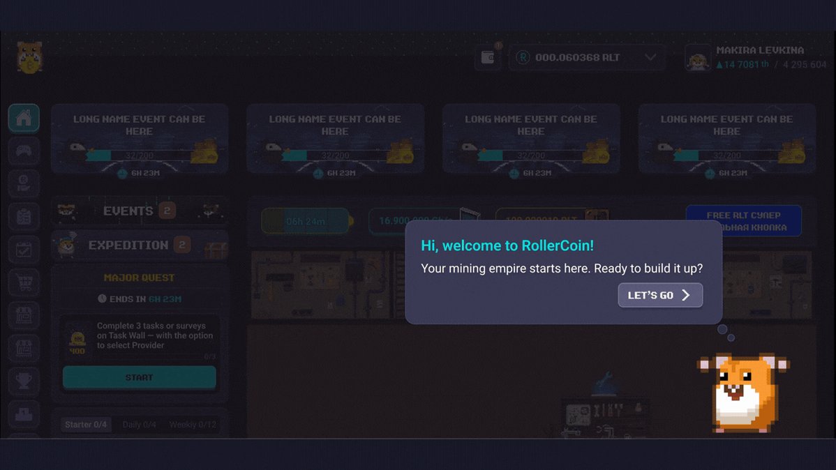 The image shows a computer screen displaying a welcome message for a new user who has just joined a game called RollerCoin. The message welcomes the player and provides information about the onboarding process, which includes an upgrade of the onboarding process that brings smooth animations to guide them through playing the game. "This is just a sneak peek We recently upgraded the onboarding process It brings smooth animations to guide you through playing RollerCoin Also, can you spot the new Hamsters? Play Now!". The image also contains text about hamsters and rollercoins in the form of an orange cartoon character with white ears and a brown body.