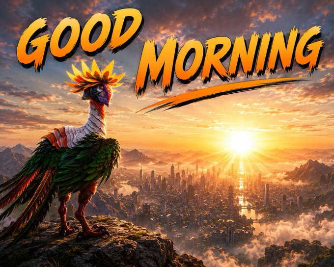 A colorful bird-like creature with a fiery crest stands on a cliff overlooking a sunlit fantasy city, with the bold orange text 'GOOD MORNING' displayed across the top.