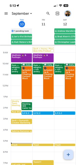 A screenshot of a mobile calendar app showing a busy Thursday schedule on September 10th, with color-coded blocks for meditation, gym, meetings, and content creation.